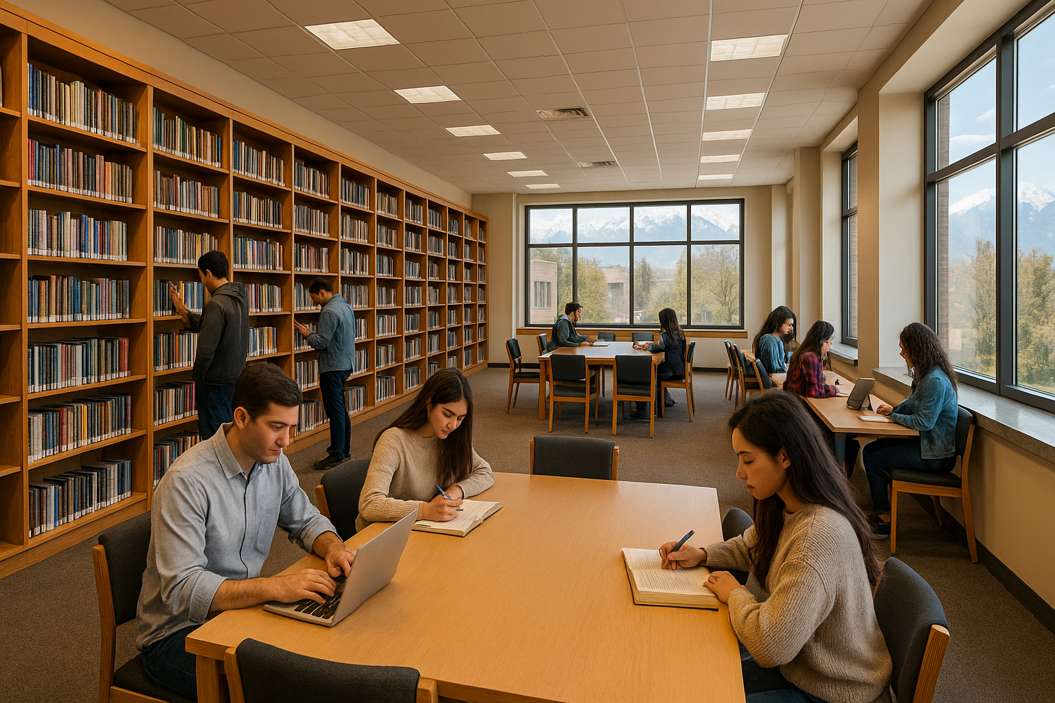 University library with shelves of books